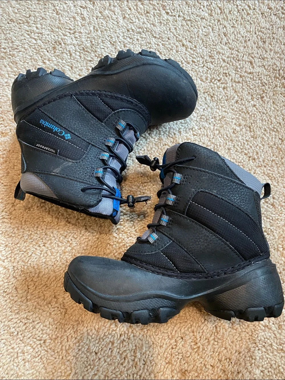 Columbia Kids Black and Gray Waterproof Snow Boots with Blue Accents